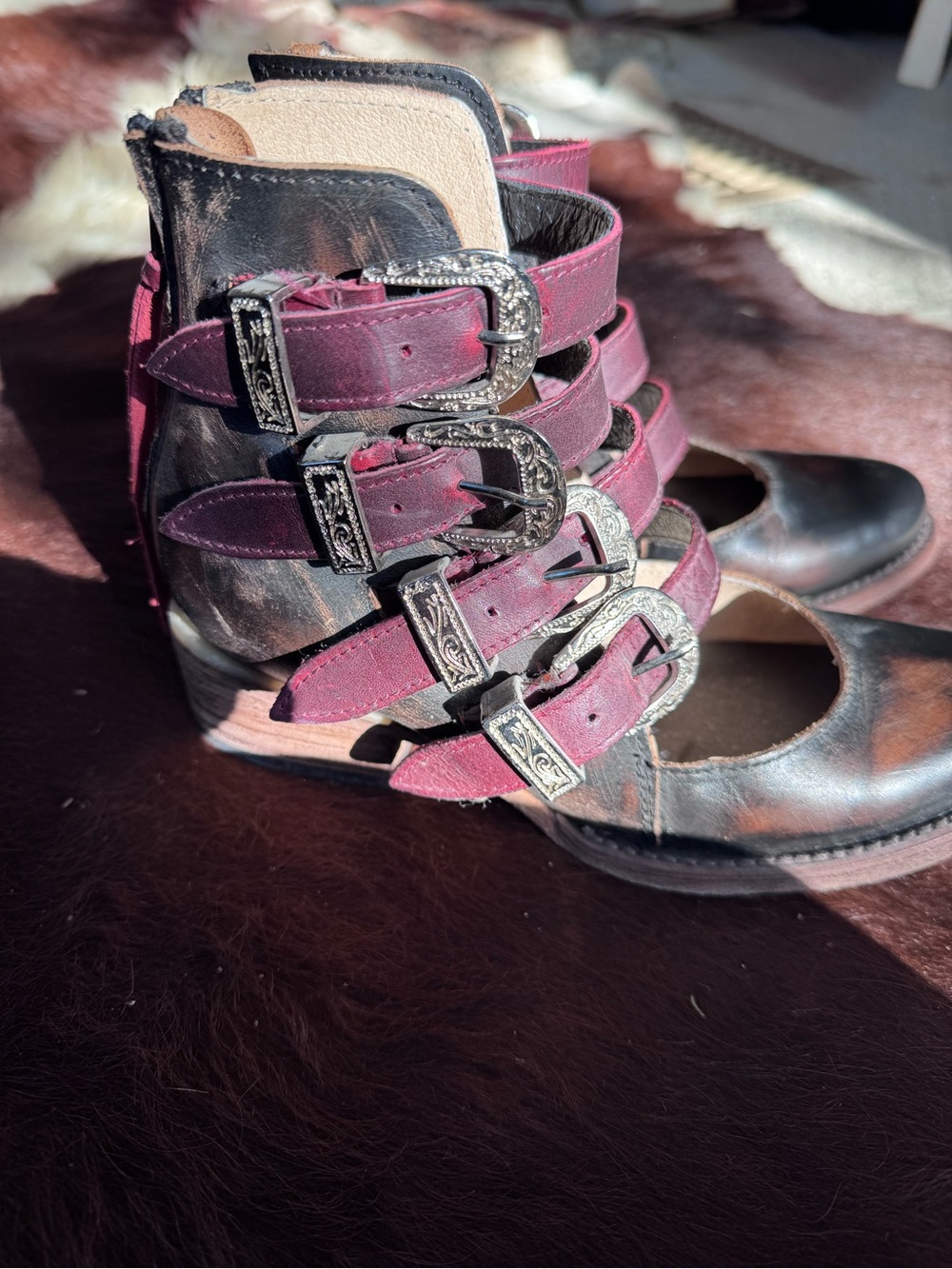 Scarlett Black and Burgundy Multi-Buckle Ankle Boots